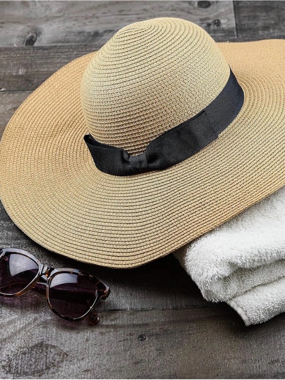 Oversized Floppy Sun Hat with Black Ribbon Coastal Grandmother